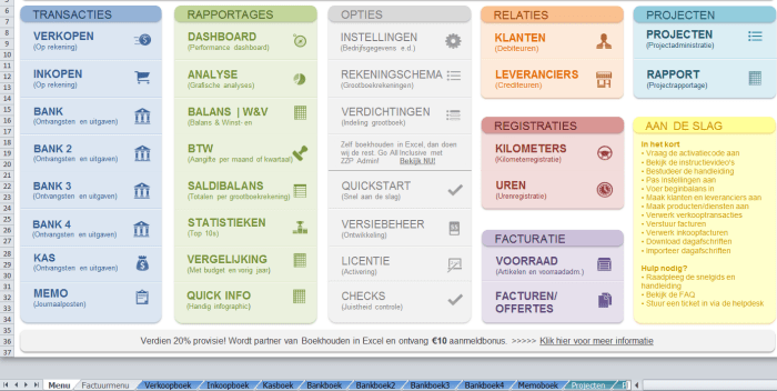  hoofdmenu boekhouden in Excel